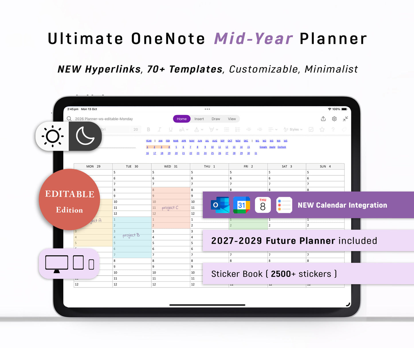 Ultimate OneNote Mid-Year Planner 2026-2027 | Light & Dark | Editable