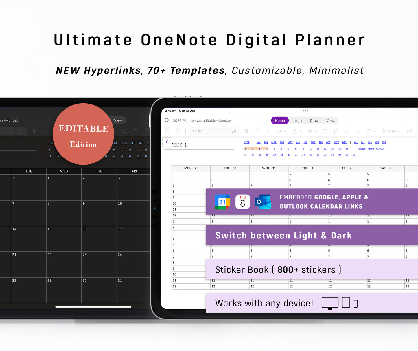 Ultimate OneNote Planner  | Light & Dark Mode | Editable Edition | 2026 + Free 2025